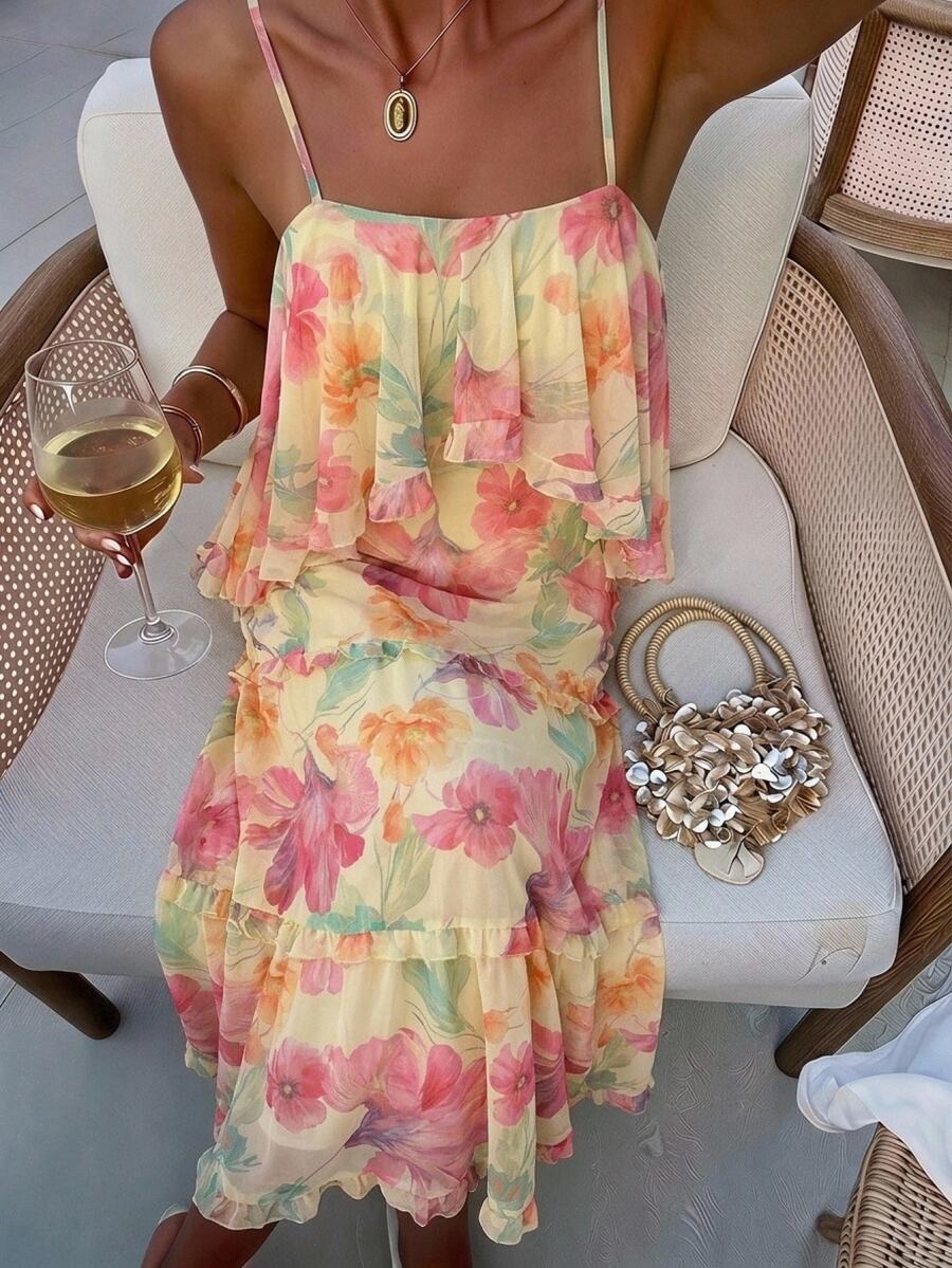 Lavishia Romantic Floral Print Multi-Layer Ruffle Long Dress, Suitable For Vacation - Multicolor - View 1
