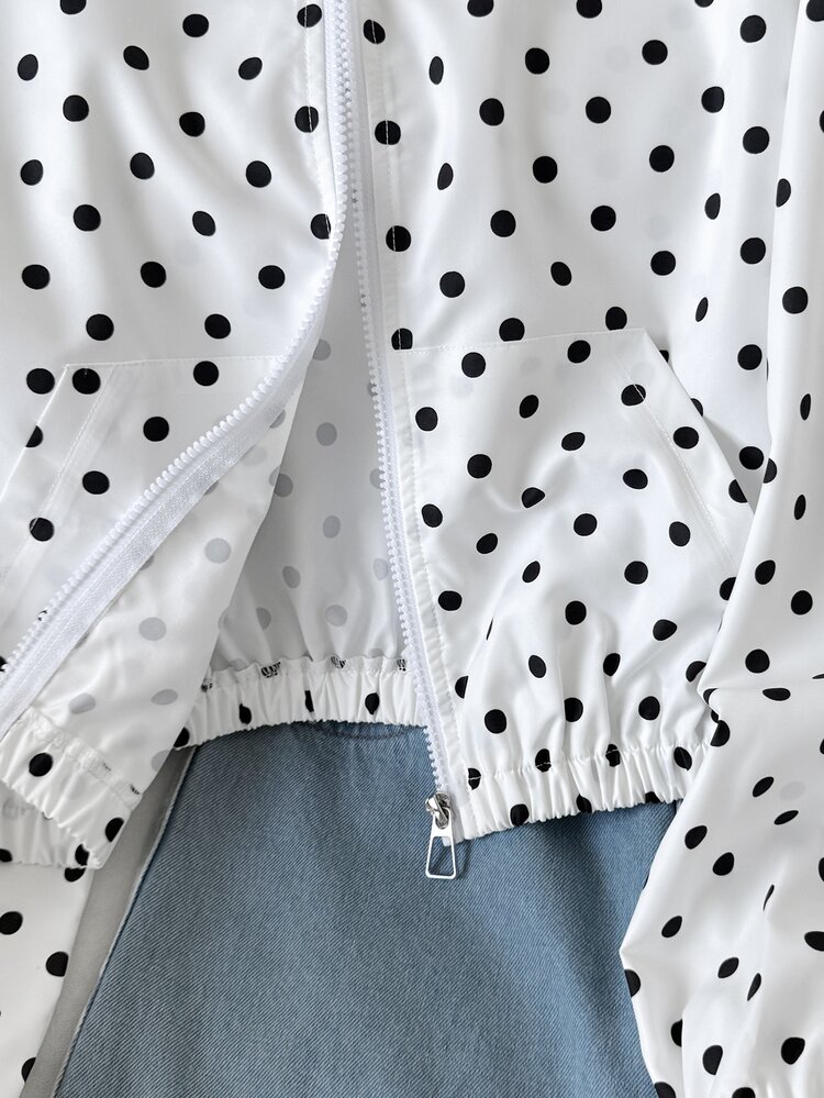 SHEIN Teen Girls Autumn Casual Polka Dot Print Jacket - Black and White - View 10