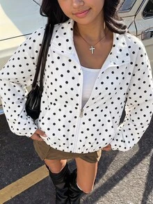 SHEIN 青少年女孩秋季休閒波點印花夾克 - 黑與白 - 查看 1