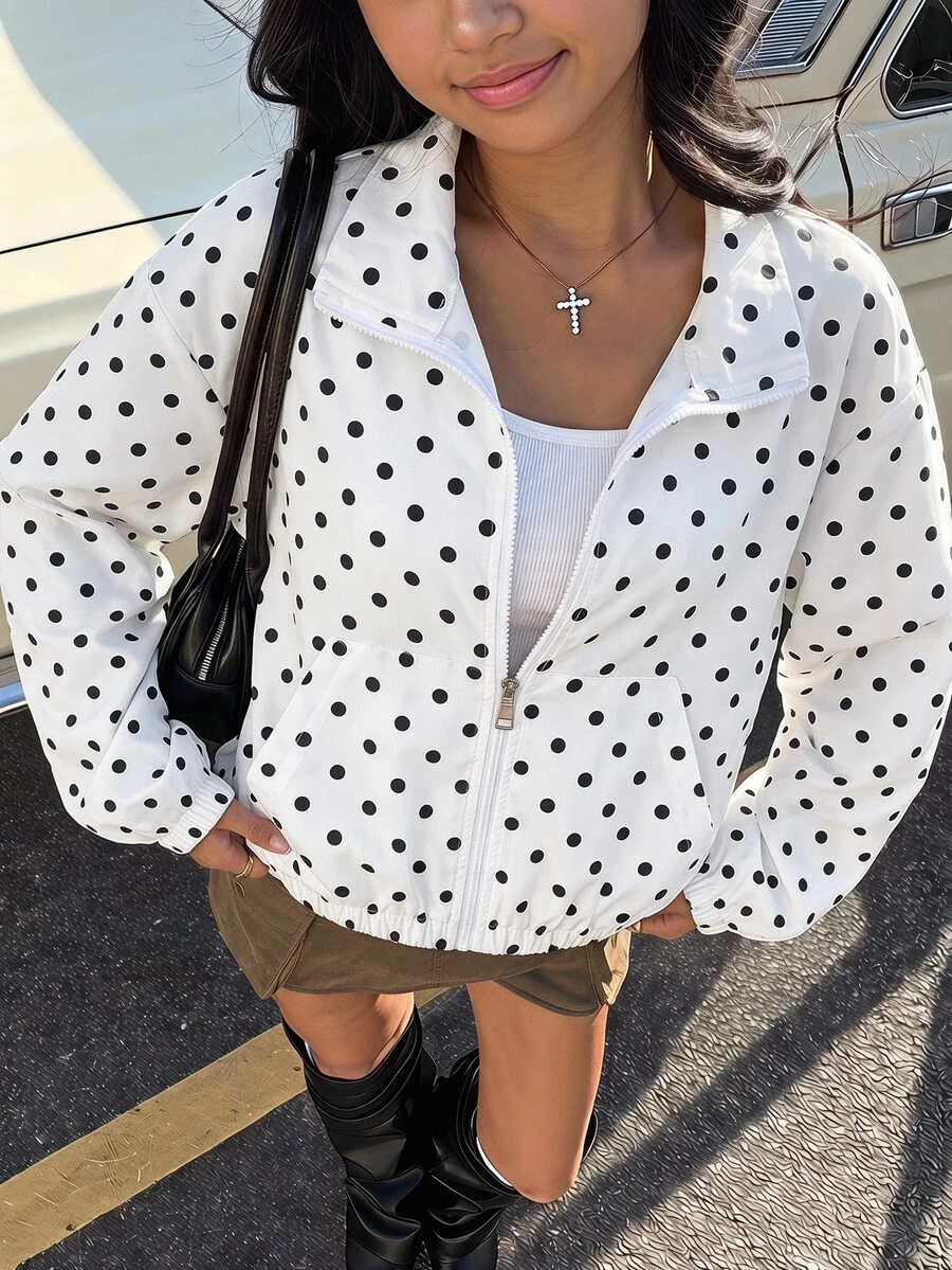 SHEIN 青少年女孩秋季休閒波點印花夾克 - 黑與白 - 查看 1