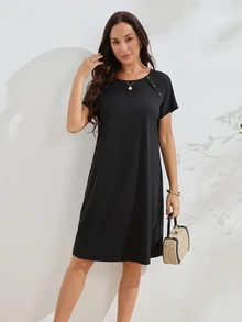 SHEIN 女款孕婦 3 合 1 分娩、哺乳、睡眠睡袍 醫院病服 哺乳黑色洋裝 - 黑色 - 查看 8