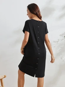 SHEIN 女款孕婦 3 合 1 分娩、哺乳、睡眠睡袍 醫院病服 哺乳黑色洋裝 - 黑色 - 查看 2