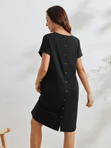 SHEIN 女款孕婦 3 合 1 分娩、哺乳、睡眠睡袍 醫院病服 哺乳黑色洋裝 - 黑色 - 查看 10