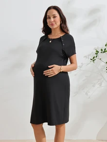 SHEIN 女款孕婦 3 合 1 分娩、哺乳、睡眠睡袍 醫院病服 哺乳黑色洋裝 - 黑色 - 查看 7