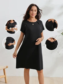 SHEIN 女款孕婦 3 合 1 分娩、哺乳、睡眠睡袍 醫院病服 哺乳黑色洋裝 - 黑色 - 查看 6