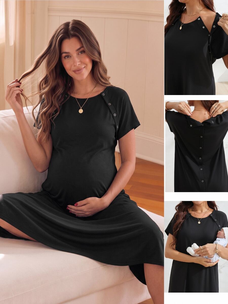 SHEIN 女款孕婦 3 合 1 分娩、哺乳、睡眠睡袍 醫院病服 哺乳黑色洋裝 - 黑色 - 查看 1