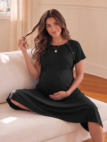 SHEIN 女款孕婦 3 合 1 分娩、哺乳、睡眠睡袍 醫院病服 哺乳黑色洋裝 - 黑色 - 查看 16