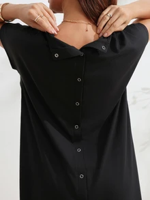 SHEIN 女款孕婦 3 合 1 分娩、哺乳、睡眠睡袍 醫院病服 哺乳黑色洋裝 - 黑色 - 查看 4