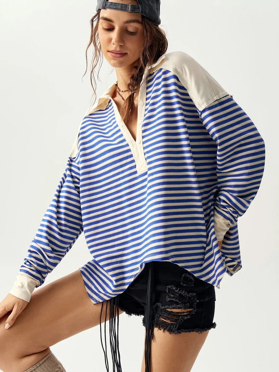 Bohemela Plus Size Women's Striped Drop Shoulder Long Sleeve Casual Loose Fit T-Shirt Fall - Grey - View 1