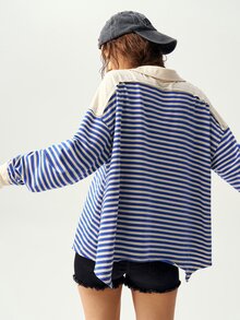 Bohemela Plus Size Women's Striped Drop Shoulder Long Sleeve Casual Loose Fit T-Shirt Fall - Grey - View 2