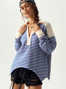 Bohemela Plus Size Women's Striped Drop Shoulder Long Sleeve Casual Loose Fit T-Shirt Fall - Grey - View 8