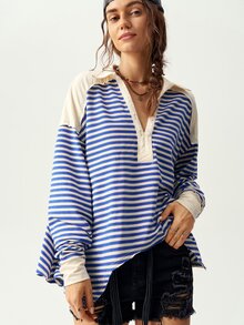 Bohemela Plus Size Women's Striped Drop Shoulder Long Sleeve Casual Loose Fit T-Shirt Fall - Grey - View 5