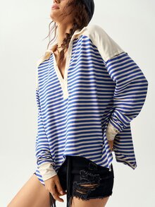 Bohemela Plus Size Women's Striped Drop Shoulder Long Sleeve Casual Loose Fit T-Shirt Fall - Grey - View 6