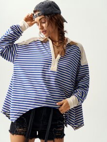 Bohemela Plus Size Women's Striped Drop Shoulder Long Sleeve Casual Loose Fit T-Shirt Fall - Grey - View 3