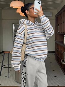 Tween Girl Striped Long Sleeve Loose Casual Autumn Sweatshirt - Multicolor - View 5