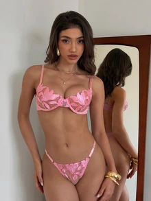 Aloruh Women Floral Embroidered Mesh Bra & Panty Underwear Set With Underwire, 2 Pieces Lingerie - Pink - View 4
