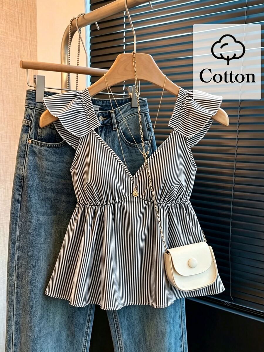 SHEIN Franclia 藍色可愛條紋荷葉邊性感露背低領短版上衣 - 黑色 - 查看 1