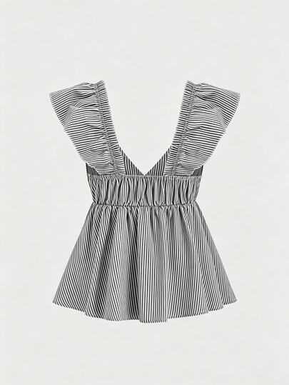SHEIN Franclia 藍色可愛條紋荷葉邊性感露背低領短版上衣