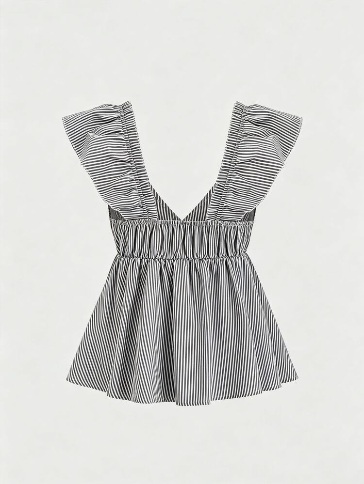 SHEIN Franclia Blue Cute Striped Ruffle Sexy Backless Low Neck Short Blouse - Black - View 2