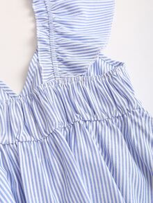 SHEIN Franclia 蓝色可爱条纹荷叶边性感露背低领短款上衣 - 藍色 - 查看 5