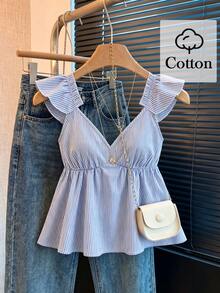 SHEIN Franclia 蓝色可爱条纹荷叶边性感露背低领短款上衣 - 藍色 - 查看 4