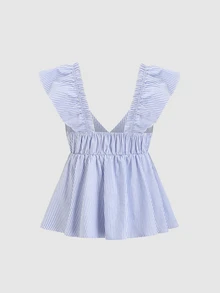 SHEIN Franclia 蓝色可爱条纹荷叶边性感露背低领短款上衣 - 藍色 - 查看 2