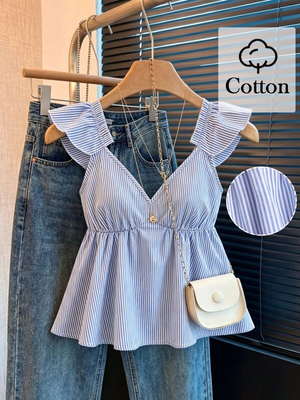 SHEIN Franclia Blusa corta con escote bajo, espalda descubierta, volantes y rayas azules