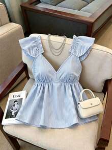 SHEIN Franclia 蓝色可爱条纹荷叶边性感露背低领短款上衣 - 藍色 - 查看 7