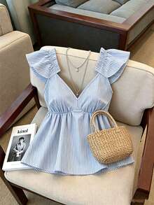 SHEIN Franclia 蓝色可爱条纹荷叶边性感露背低领短款上衣 - 藍色 - 查看 3