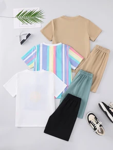 SHEIN 6pcs/Set Kids Boys' Loose Coconut Tree Pattern Round Neck Knit Top And Shorts Set,Mint Green,Summer,Casual,Vacation,Holiday Beach Casual Sports Wear - Multicolor - View 3