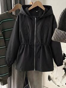 SHEIN بلوزة ريح بأكمام طويلة ذات لون أحادي وخصر مشدود وفضفاضة للبنات المراهقات - الأسود - مشاهدة 1