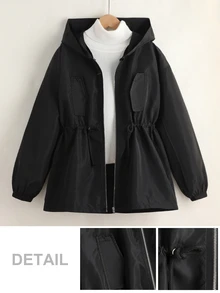 SHEIN بلوزة ريح بأكمام طويلة ذات لون أحادي وخصر مشدود وفضفاضة للبنات المراهقات - الأسود - مشاهدة 6