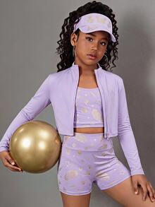 Tween Girl Tween Girl Tween Girl Long Sleeve Mock Neck Zip-Up T-Shirt, Tank Top, Cycling Leggings 3 PiecesSports Set - Purple - View 4