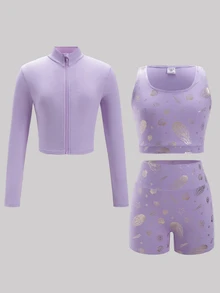 Tween Girl Tween Girl Tween Girl Long Sleeve Mock Neck Zip-Up T-Shirt, Tank Top, Cycling Leggings 3 PiecesSports Set - Purple - View 7