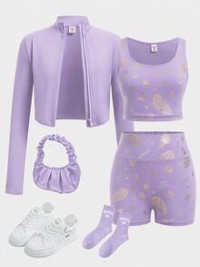 Tween Girl Tween Girl Tween Girl Long Sleeve Mock Neck Zip-Up T-Shirt, Tank Top, Cycling Leggings 3 PiecesSports Set - Purple - View 1