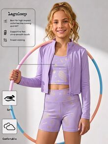 Tween Girl Tween Girl Tween Girl Long Sleeve Mock Neck Zip-Up T-Shirt, Tank Top, Cycling Leggings 3 PiecesSports Set - Purple - View 2