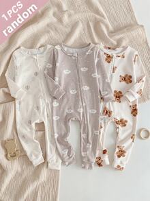 SHEIN 1件男嬰長袖修身連身衣，可愛卡通熊滿版印花居家服，圓領拉鍊褲，秋冬款，柔軟舒適禮物 - 杏色 - 查看 7