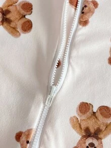 SHEIN 1件男嬰長袖修身連身衣，可愛卡通熊滿版印花居家服，圓領拉鍊褲，秋冬款，柔軟舒適禮物 - 杏色 - 查看 5