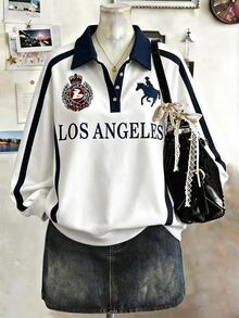 Lalippa Women's Slogan & Horse Graphic Print Polo Collar Sweatshirt, Street Style - Multicolor - View 3