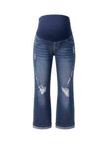 SHEIN Maternity Casual 1960s Washed Distressed Straight Leg Denim Jeans Navy Blue Summer Formal Gender Reveal - Medium Wash - View 7