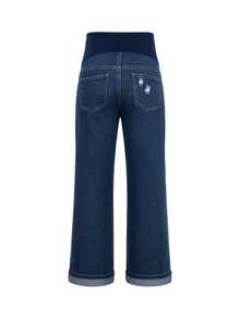 SHEIN Maternity Casual 1960s Washed Distressed Straight Leg Denim Jeans Navy Blue Summer Formal Gender Reveal - Medium Wash - View 2