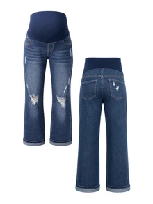 SHEIN Maternity Casual 1960s Washed Distressed Straight Leg Denim Jeans Navy Blue Summer Formal Gender Reveal - Medium Wash - View 3