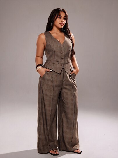 Rustia Plus Size Women 2pcs Set Autumn/Winter French V-Neck Houndstooth 2pcs Set, Academy Vintage Romantic Old Money Style Premium Vest Suit Set, Waist-Cinching Vest Tank Top With High-Waist Wide-Leg Elastic Pants, Suitable For Daily Outings, Back To School Season, Back To School Party, Suitable For All Seasons, Spring 2pcs Set, Autumn 2pcs Set, All Seasons Outfit