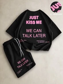 TOKVUE Men's Street Casual Pink Slogan 3D Embroidered Loose Fit T-Shirt & Shorts Set - Black - View 1