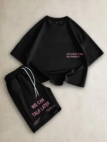 TOKVUE Men's Street Casual Pink Slogan 3D Embroidered Loose Fit T-Shirt & Shorts Set - Black - View 3
