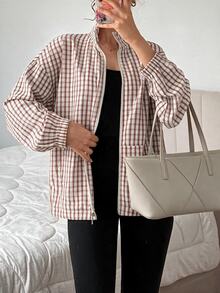 SHEIN EZwear Plaid Woven Women's Regular Jacket - Red - View 7