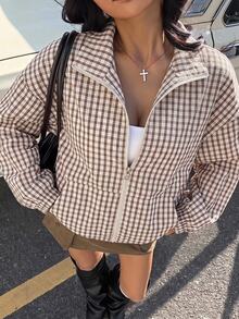 SHEIN EZwear Plaid Woven Women's Regular Jacket - Red - View 12