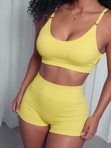 Core Rhythm 2pcs Women's Seamless Solid Color Ribbed Adjustable Strap Criss-Cross Back Sports Bra And 3-Inch Shorts Workout Yoga Fitness Set - Light Yellow - View 3