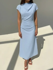 Aloruh 新款女款不對稱修身通勤優雅極簡長洋裝，夏季女裝洋裝 - 淺藍色 - 查看 3