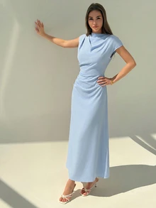 Aloruh 新款女款不對稱修身通勤優雅極簡長洋裝，夏季女裝洋裝 - 淺藍色 - 查看 6